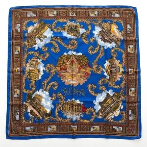 Vintage Italian Silk Feel Scarf - Vibrant Blue Roma Rome Landmark Souvenir